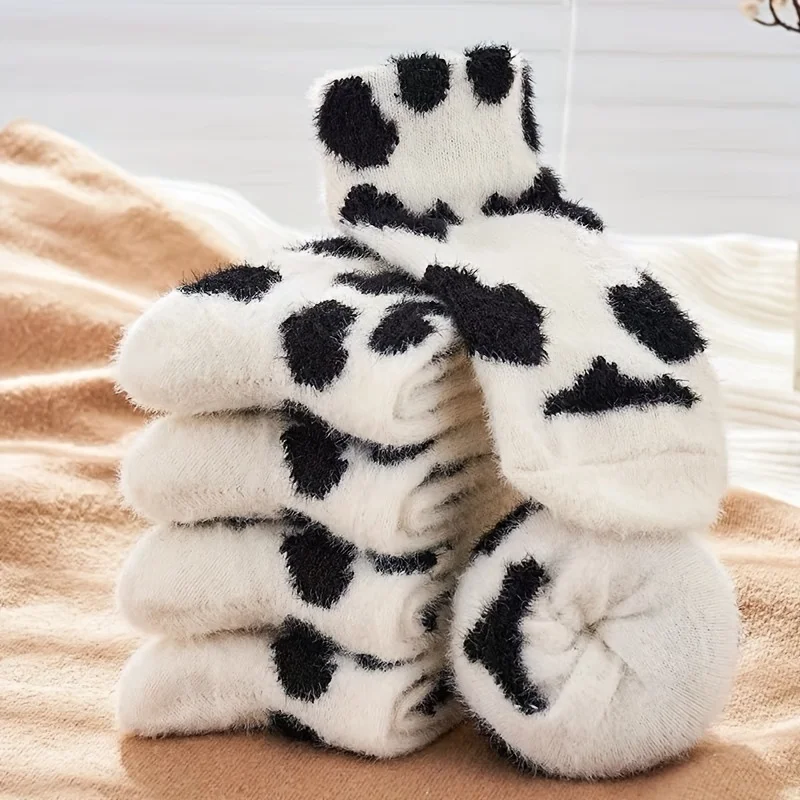 2 pares de lindos calcetines con estampado de vaca para invierno, calcetines cálidos de felpa a media pantorrilla para mujer, ropa informal suave y cómoda para el hogar, G de moda