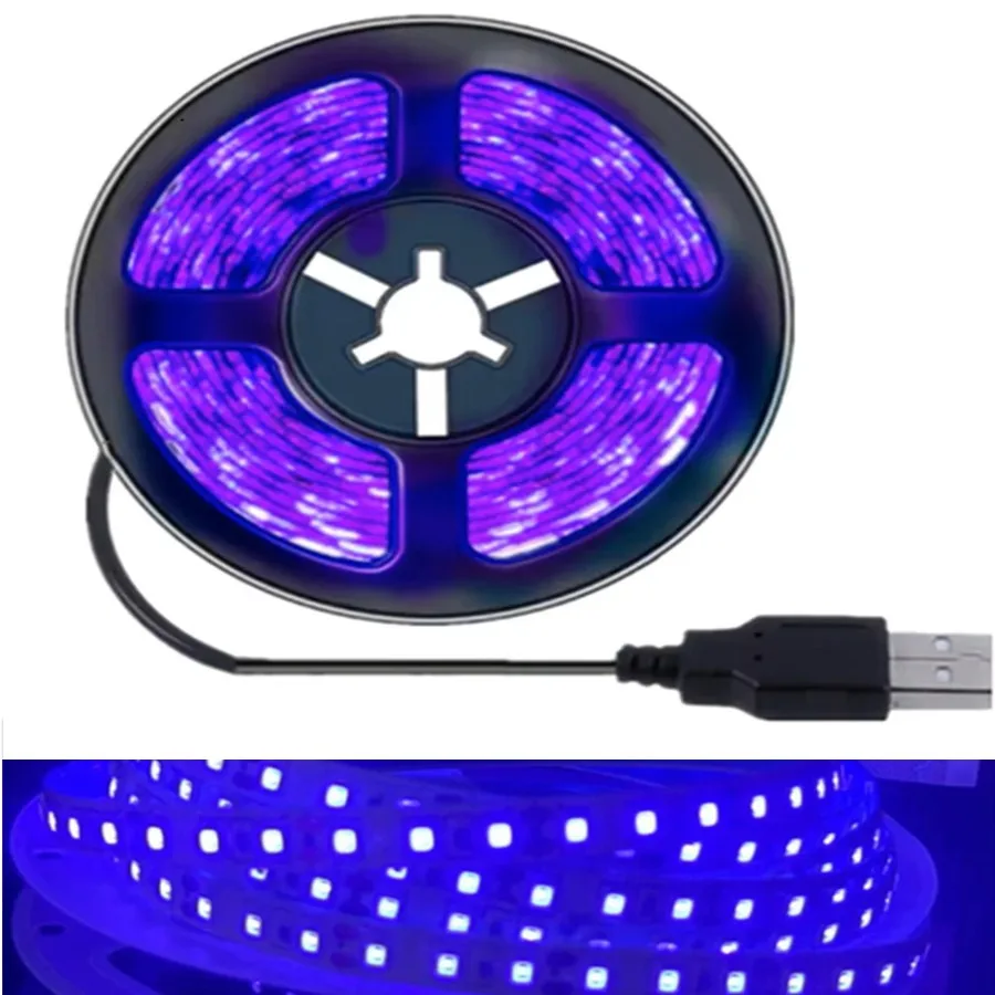 Tira de luces LED UV 2835 SMD DC 5V 5M ultravioleta 385-400nm luz negra lámpara UV cinta LED Flexible para fiesta fluorescente brillante