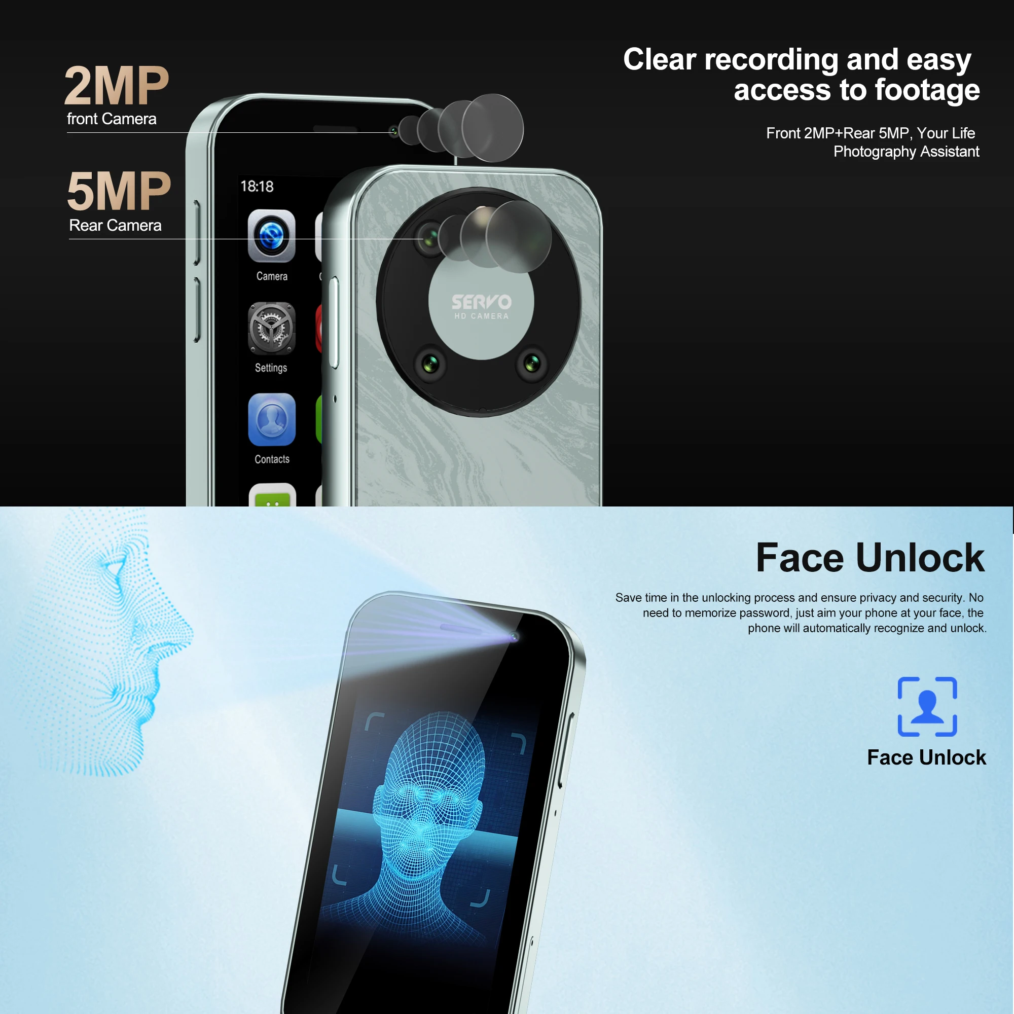 SERVO KING9000 Mini Smartphone 4G LTE Android System Play store WhatsAPP Face Unlock 2GB+16GB WiFi 3.0" Pocket Smart Cellphones