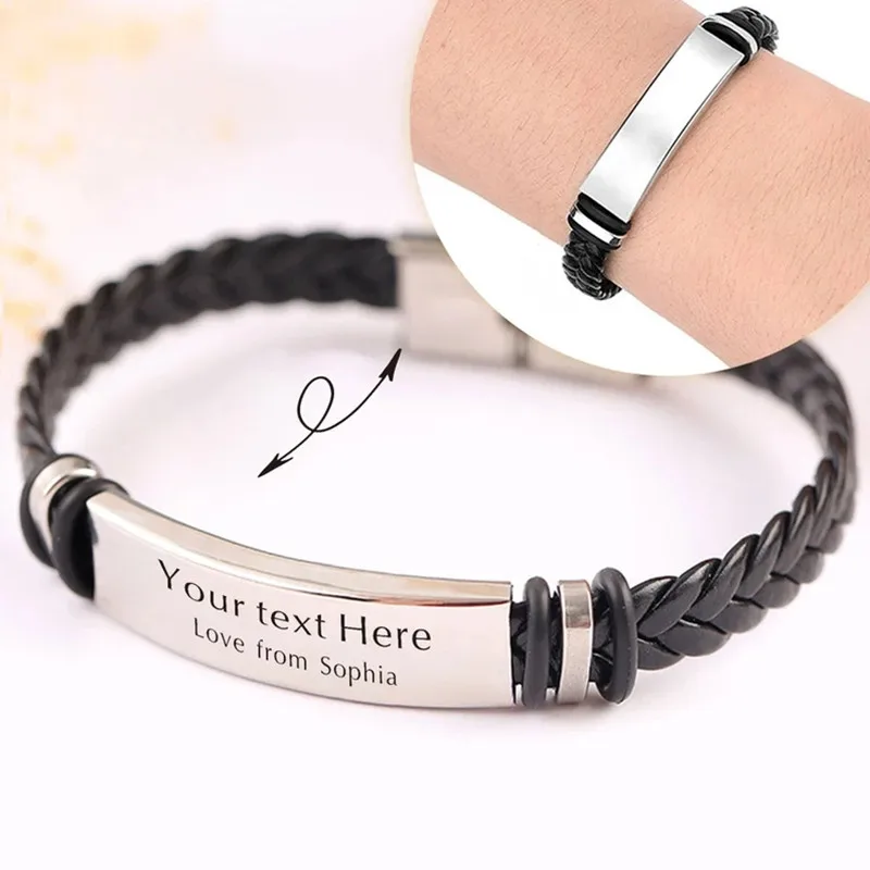 Benutzerdefinierter Namenslogo, beliebiger Text, gravierter Lederarmreif und Armband, personalisierte Edelstahlarmbänder für Damen und Herren, ID-Armband