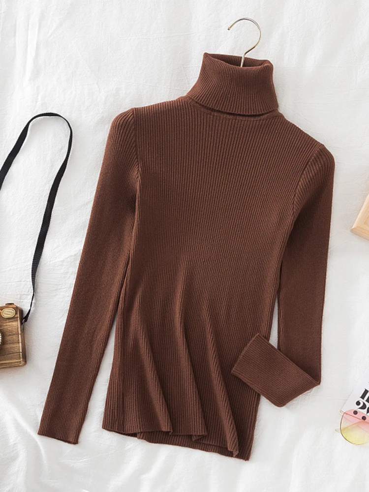 Moda coreana cuello alto mujer Otoño Invierno suéter básico sólido Casual ajustado elástico acanalado tejido Top mujer suéteres