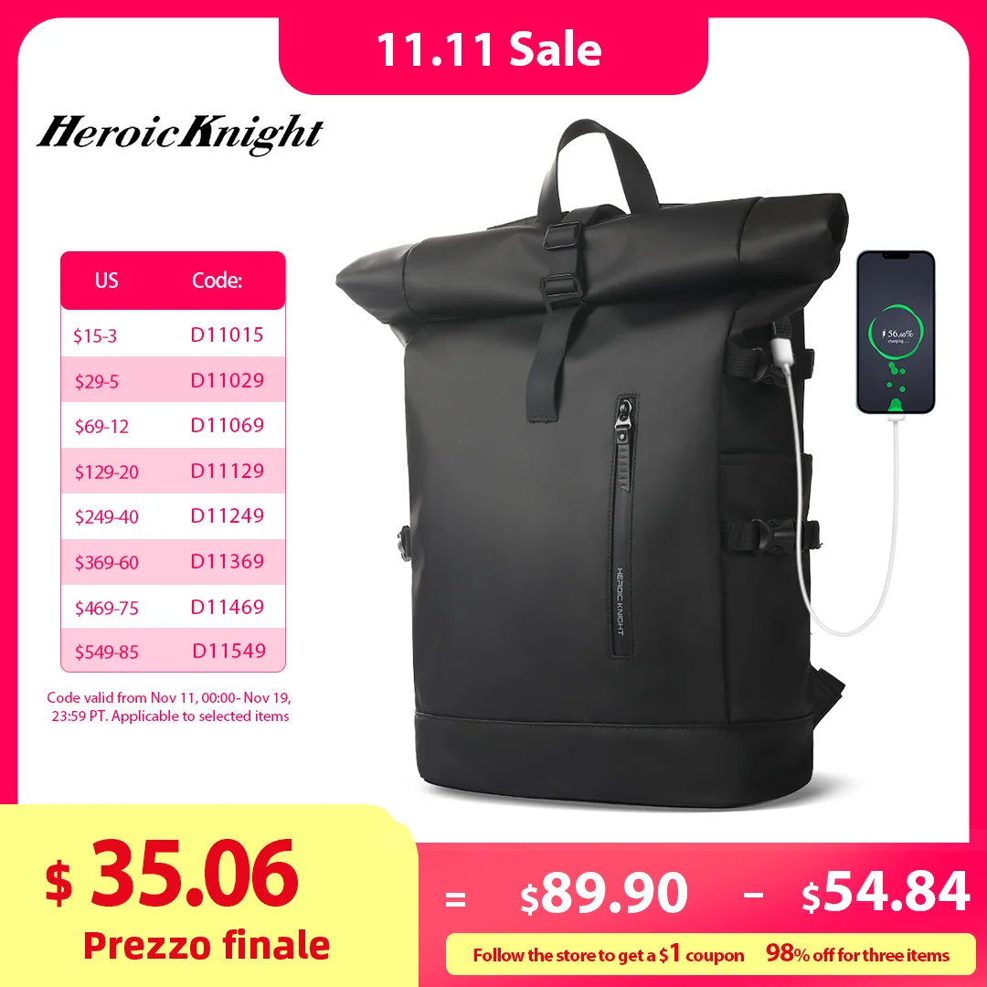 Mochila Heroic Knight para hombre, Mochila enrollable impermeable, Mochila de viaje para mujer, bolsa para ordenador portátil de gran capacidad con carga USB expandible