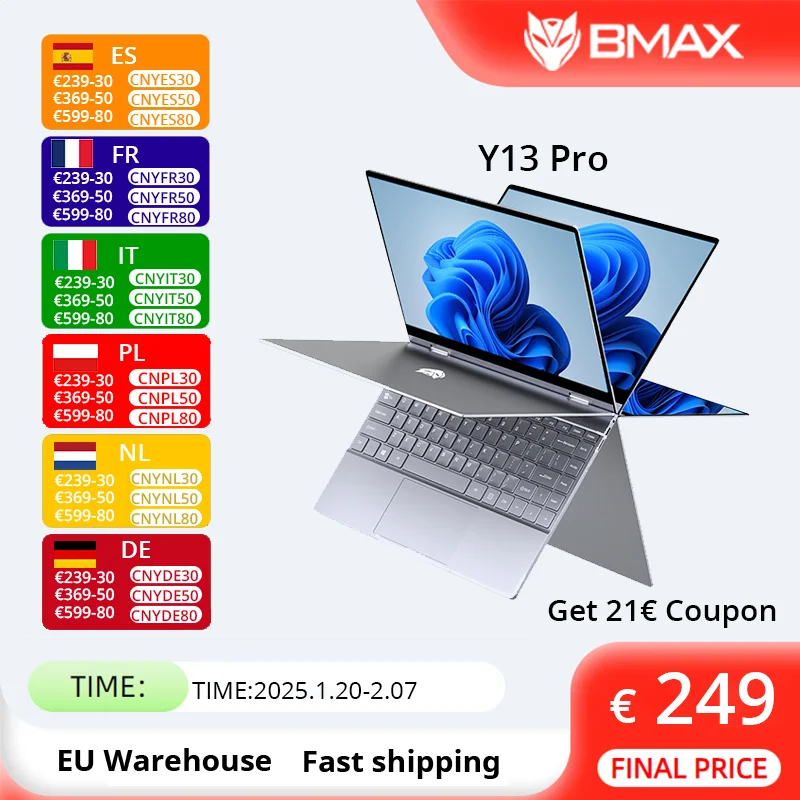 BMAX Y13PRO 360 °   Ordinateur portable 13.3 pouces ordinateur portable Windows 11 16GB RAM LPDDR5 512GB SSD 1920*1080 IPS Intel N100 ordinateurs portables ordinateur