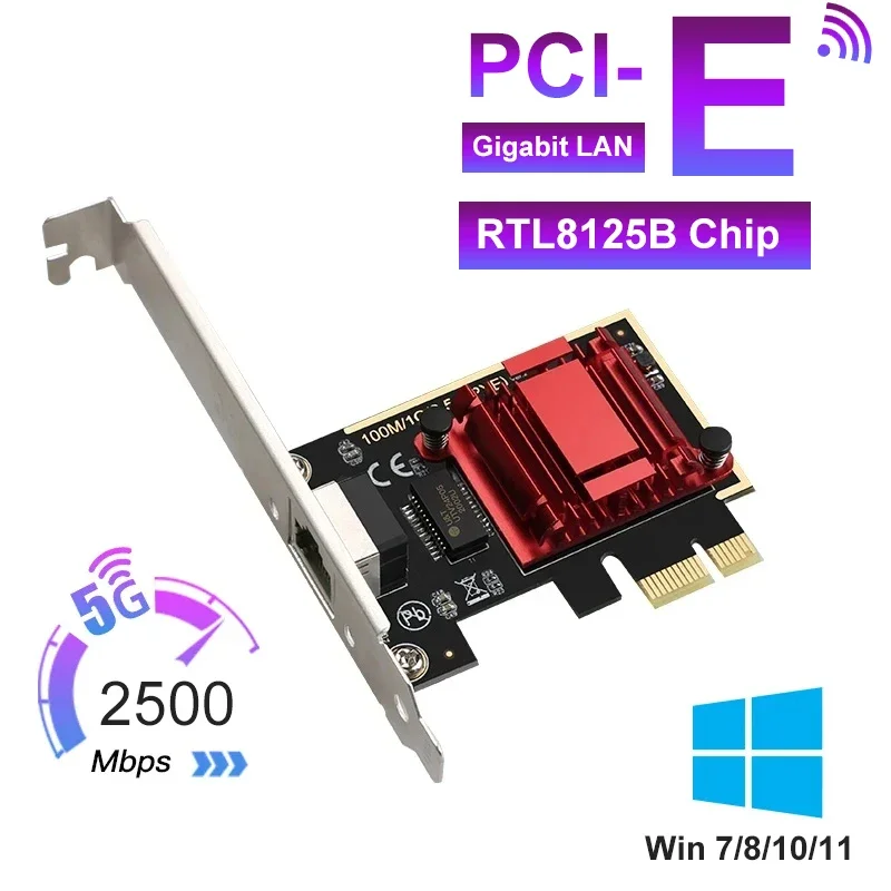 2.5G PCI-E To RJ45 Network Card RTL8125B Chip Gigabit Ethernet PCI Express Network Card 10/100/2500Mbps 1Gbps/2.5Gbps For PC
