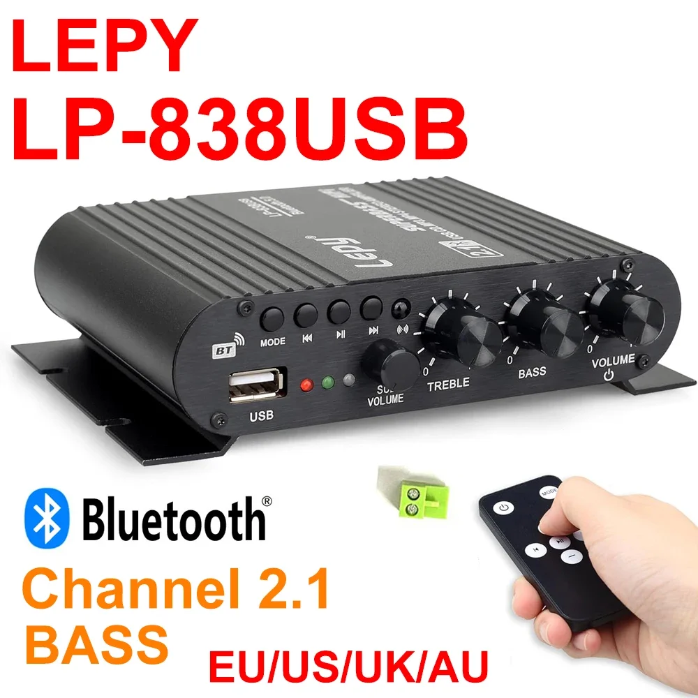 AMPLIFICADOR DE Audio LEPY 838USB Bluetooth 5,0 amplificador de graves Digital s canal HIFI 2,1 amplificador de hogar para coche controlador USB música sin pérdidas DC12V