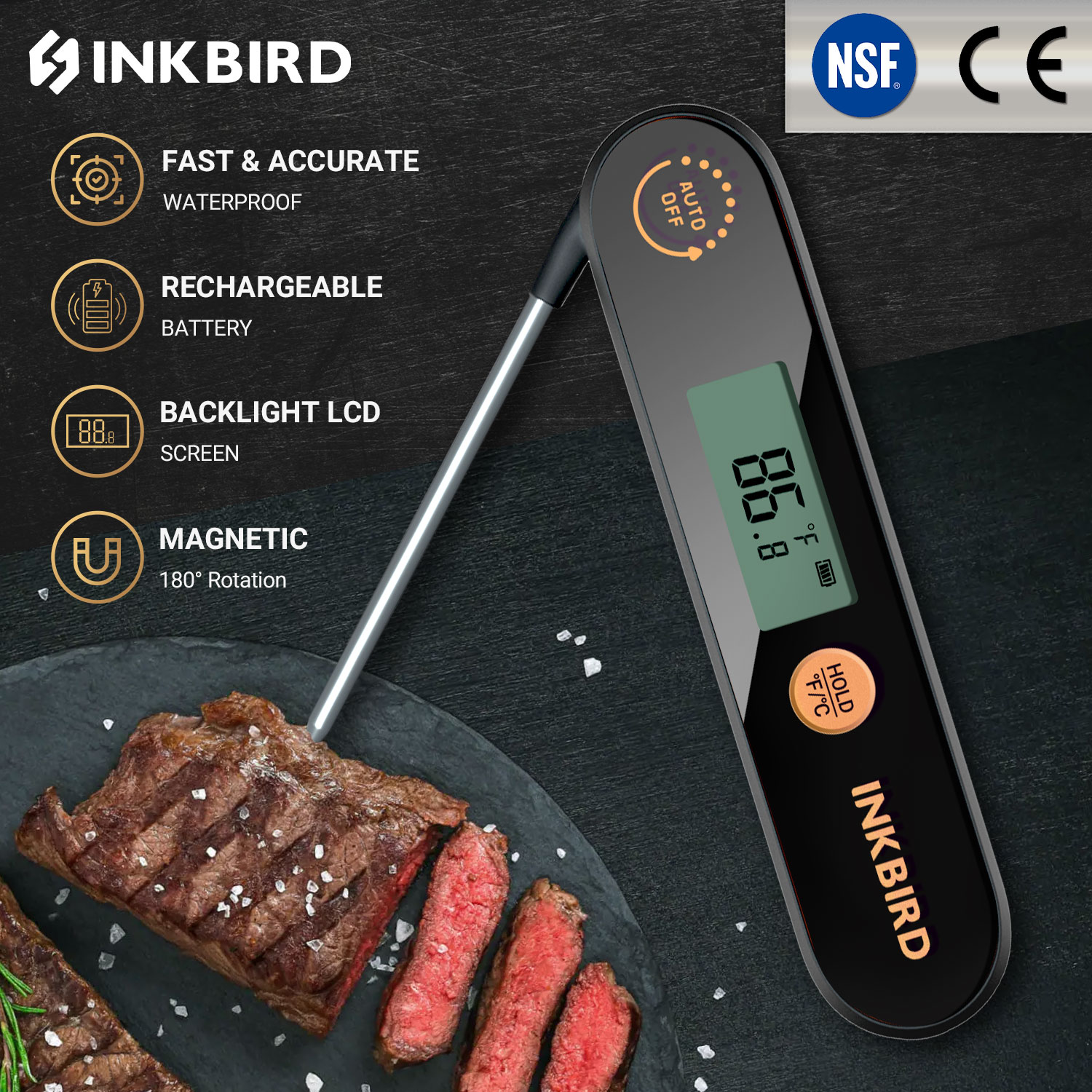 INKBIRD-termómetro Digital IHT-1X para carne, dispositivo con sondas plegables, resistente al agua IPX5, recargable, para barbacoa y freír profundamente