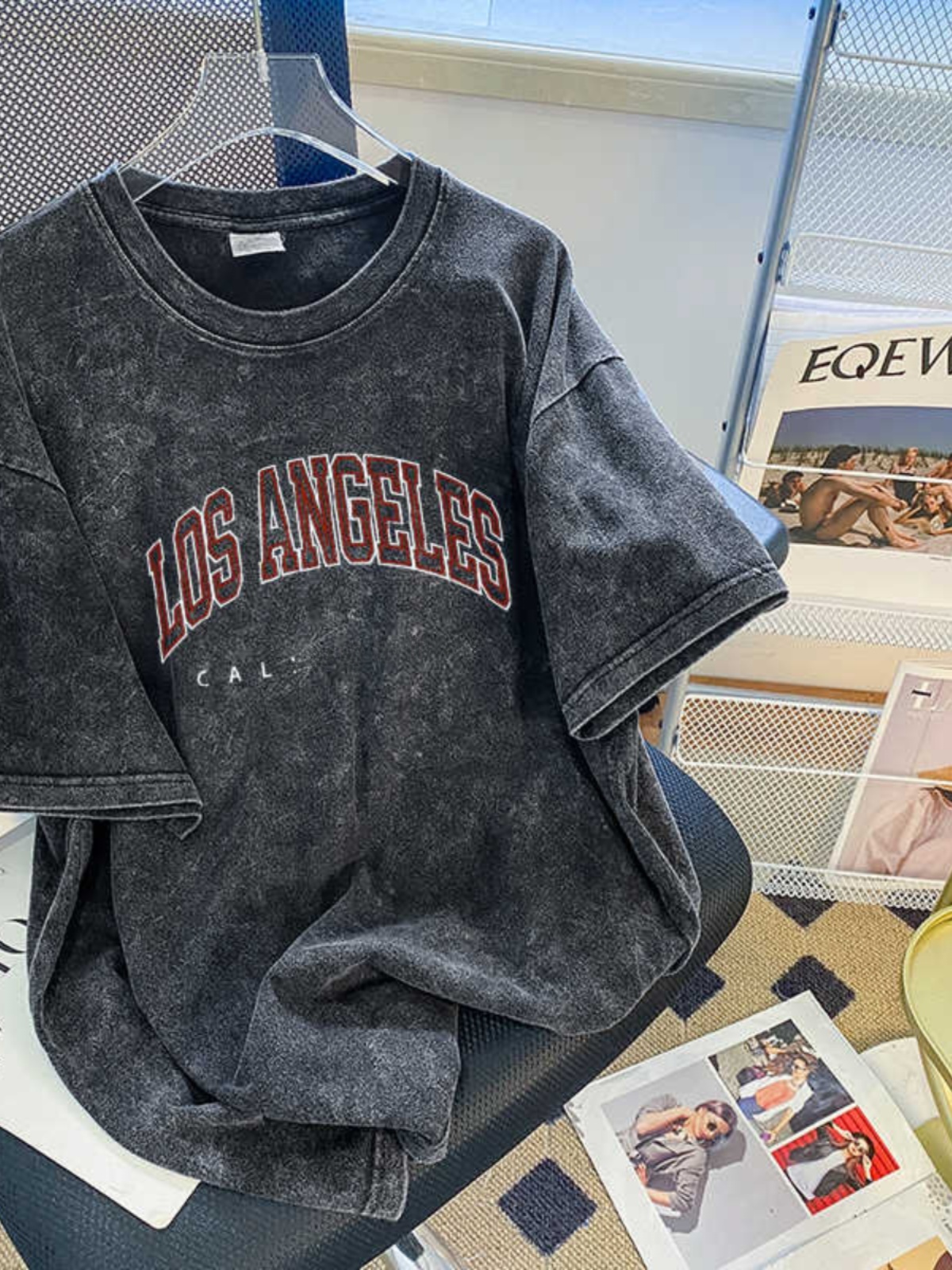 Cseta Fena Vintage Americana Desbotada de Aodão Puro Manga Curta Moda Verão Retrô Tamanho ande Estilo Coreano Solta