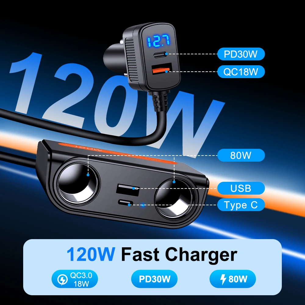7-in-1-Autoladegerät-Adapter PD USB-Buchse Zigarettenanzünder Splitter Schnellladung mit LED-Voltmeter DC-Steckdose Autozubehör