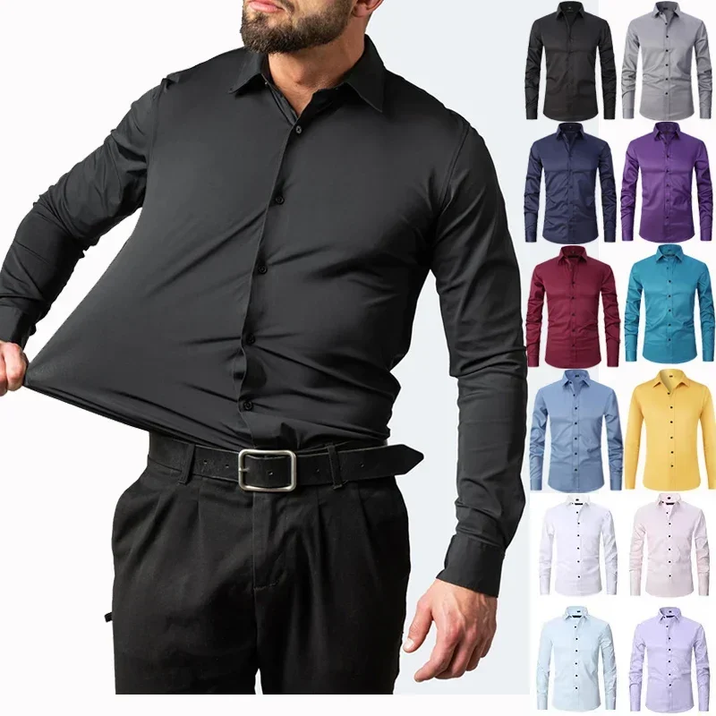 Camicia a maniche lunghe da uomo, elastica, non stirante, resistente alle rughe, minimalista, business casual, setosa e camicia bianca senza tracce