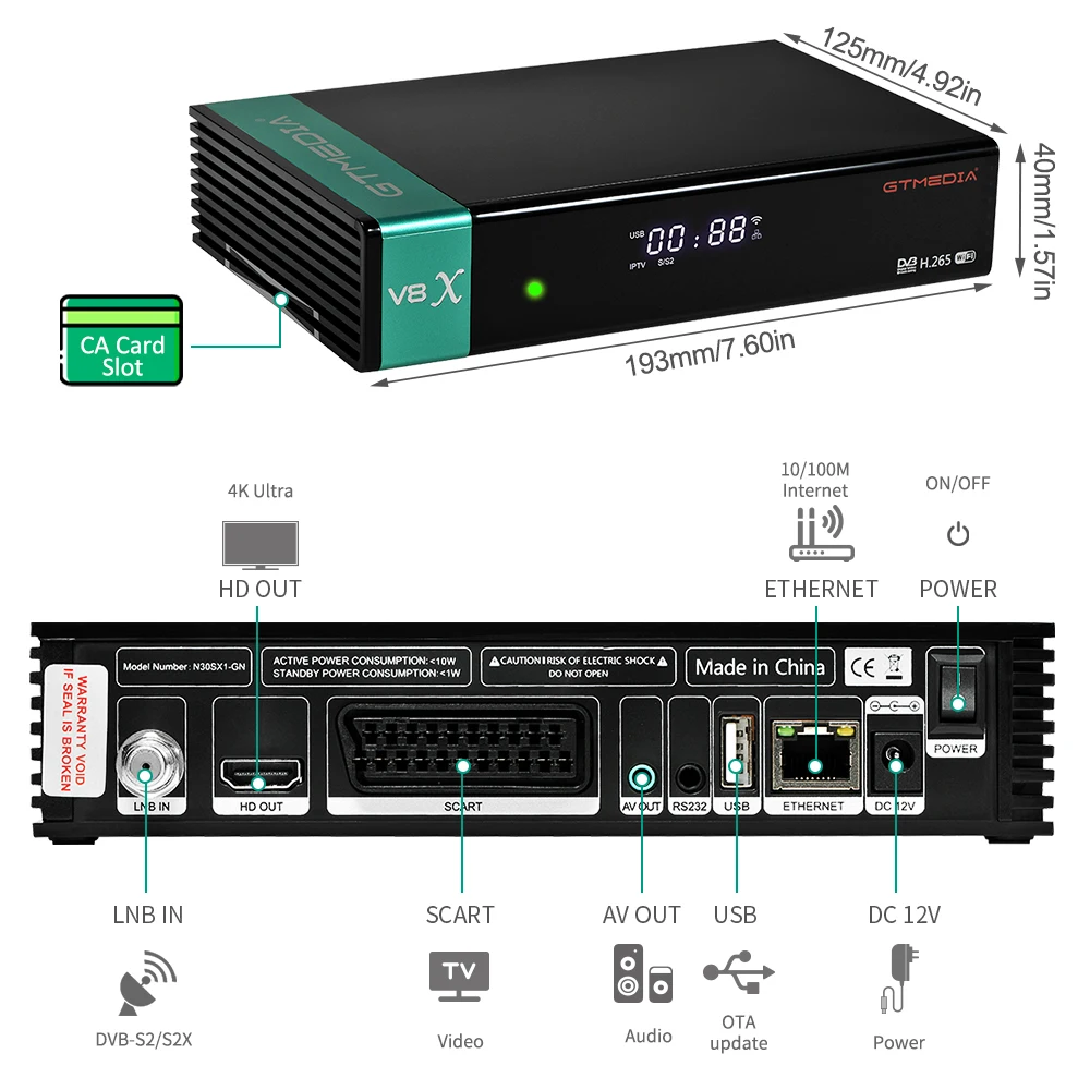 GTMEDIA V8X Satellitenempfänger DVB-S/S2/S2X 1080P HEVC H.265 10bit TV-Decoder MARS/ECAM/LACAM/CCAM/M3U PK Freesat V8 NOVA TV-Box