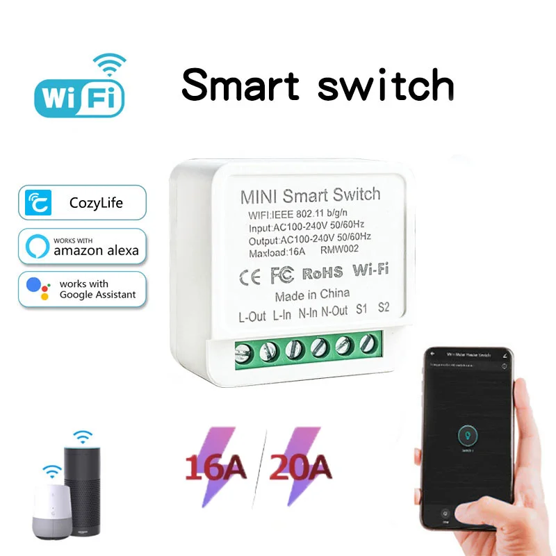 Interruptor de casa inteligente wi-fi, sem fio, 16a/20a, módulo de relé, controle remoto bidirecional, aplicativo, controle de voz, temporizador, alexa, google home AC100-240V