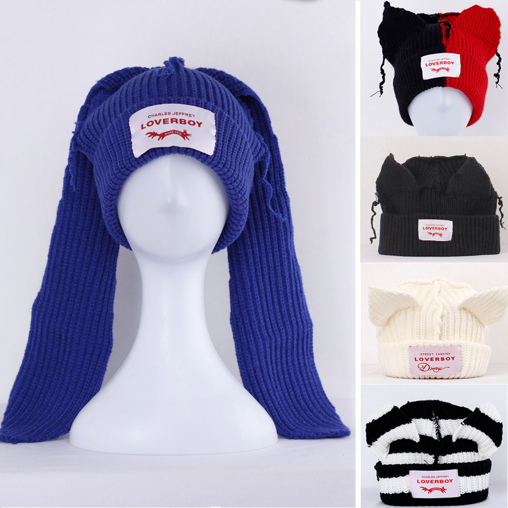 Gorros de invierno para mujer, gorro de zorro con orejas largas, gorro tejido de ganchillo, gorros para disfraz, regalo de Navidad, gorro de Hip-hop 2022