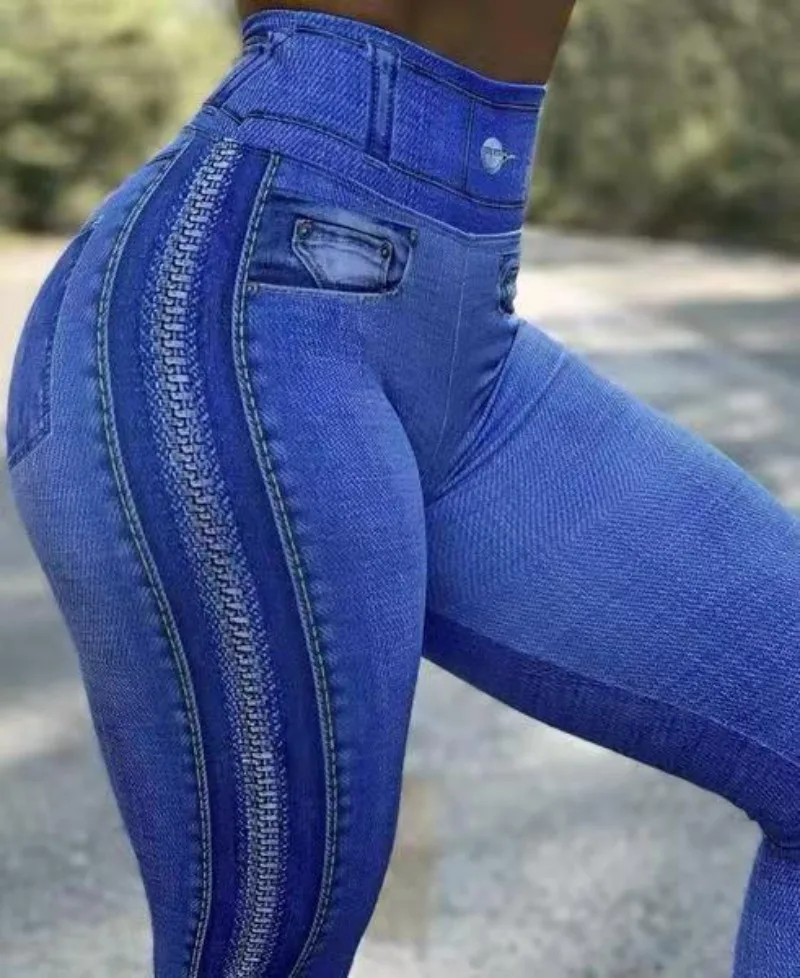 Denim olhar impressão cintura alta barriga controle bunda elevador leggings mulheres calças lápis finas primavera verão leggins novo