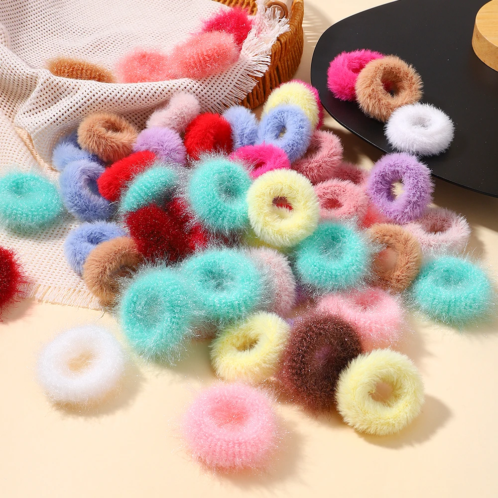 5 unids/lote, nueva banda elástica para el cabello, lazo para el cabello para niña, Color de felpa, cuerda para el cabello a juego, soporte para cola de caballo, accesorios para la cabeza, venta al por mayor