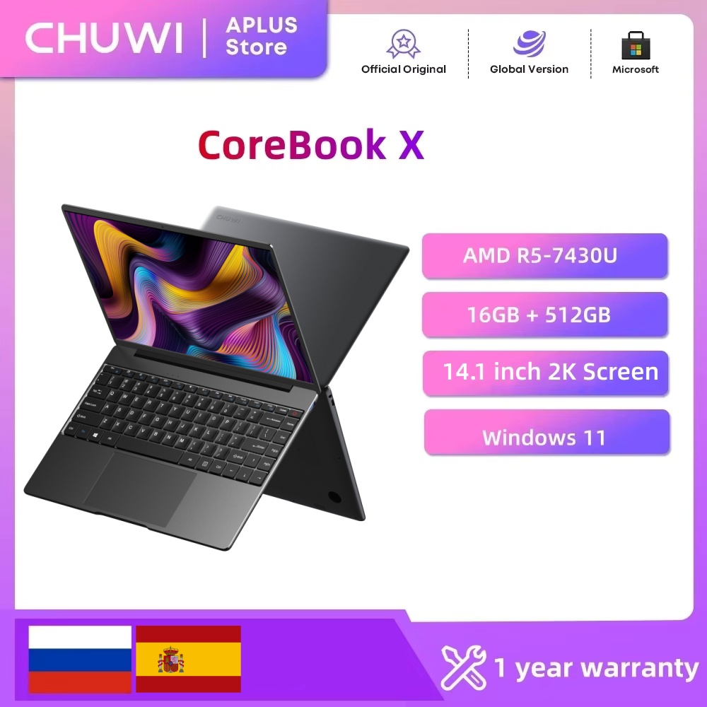 Ноутбук CHUWI CoreBook X AMD R5-7430U, 14,1-дюймовый экран 2K, 16 ГБ DDR4, ОЗУ, 512 ГБ SSD, Windows 11, Wi-Fi6, экономичный удобный ноутбук