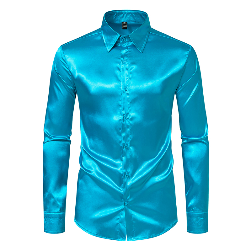 Men's Black Satin Luxury Dress Shirts Fashion Silk Smooth Tuxedo Shirt Solid Wedding Party Prom Casual Shirt Business Office
