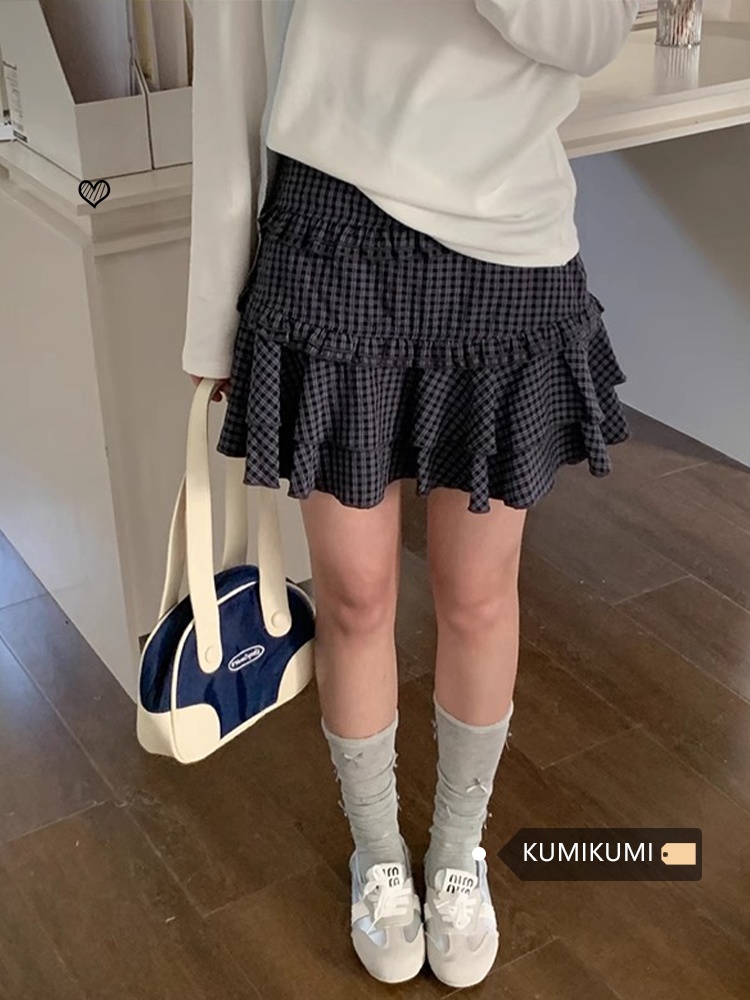 falda a cuadros de cintura alta con borde de imitación ma, estilo pastel, línea A, para mujer, temporada de otoño, in...