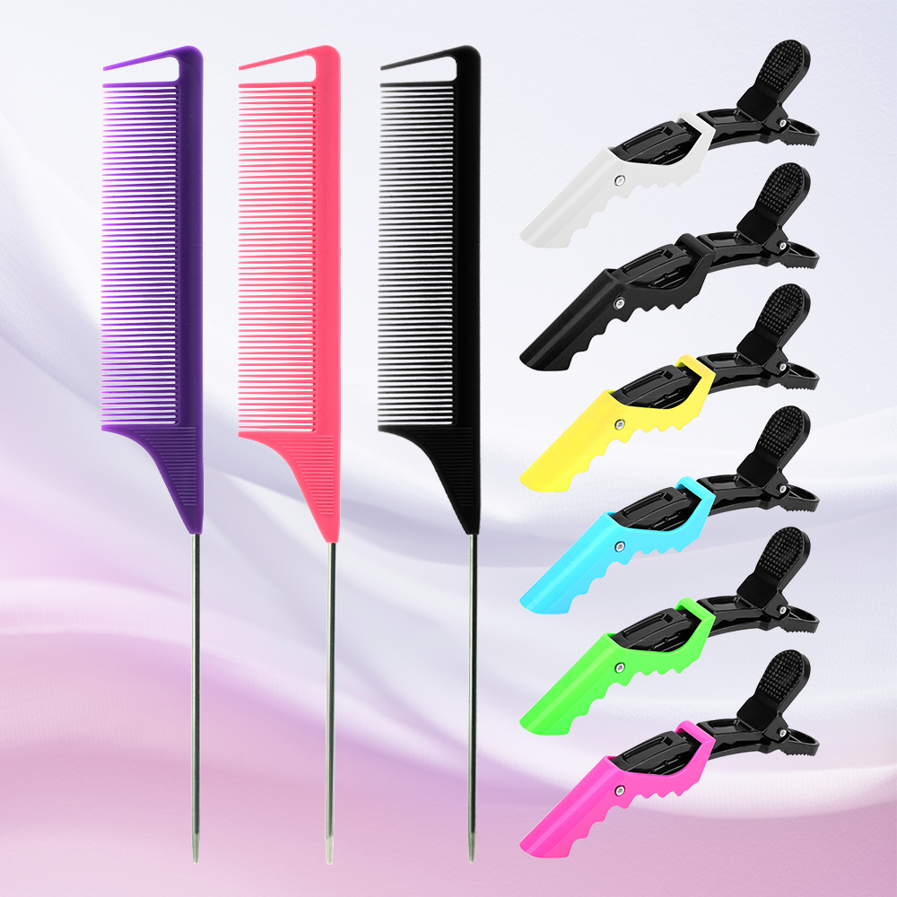 Pinzas de cocodrilo para peluquería, peine de cola de punta de aguja de acero, resistente al calor, antiestático, herramienta de peinado profesional para salón, 9 unidades