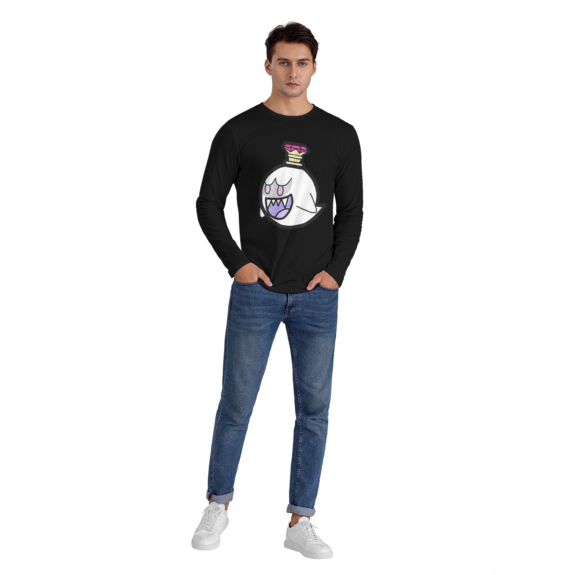 king boo Kaos Lengan Panjang Pria Kaos Kasual Leher Bulat Atasan Pria Musim Semi dan Musim Gugur