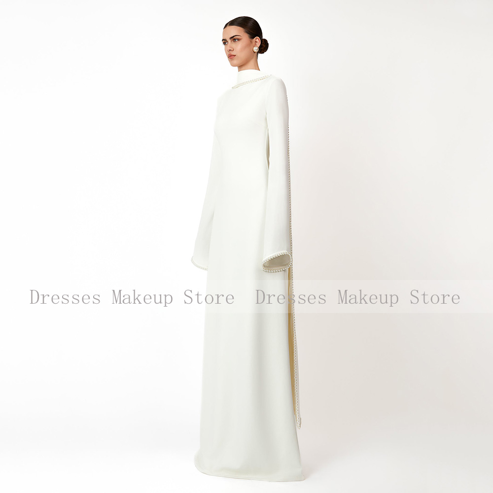 Bescheidene Abendkleider mit langen Ärmeln, O-Ausschnitt, A-Linie, 2025, Damen-Abendkleider mit Schal, Perlen, elegantes Hochzeitskleid, Elfenbeinfarben