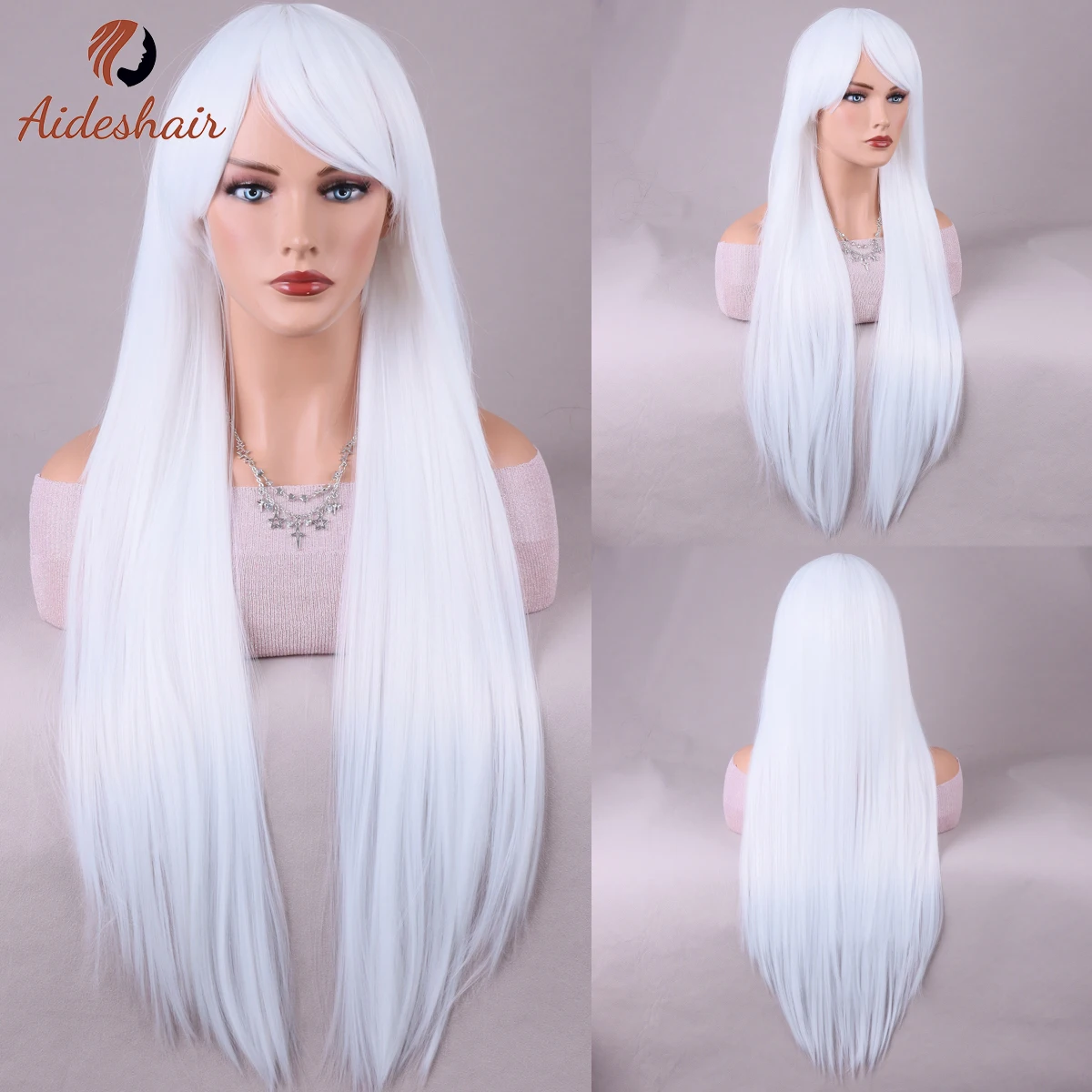Peruca branca com franja para mulheres, comprimento natural, peruca reta, fibra resistente ao calor, cosplay diário, 28 polegadas