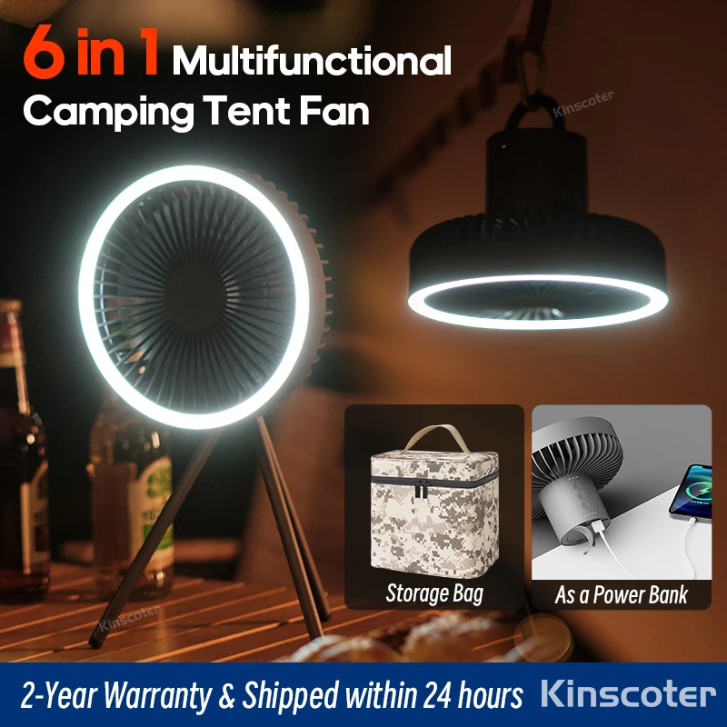 Ventilador de Camping de 10000mAh, circulador de aire portátil de escritorio recargable, ventilador eléctrico de techo inalámbrico con banco de energía, trípode de luz LED