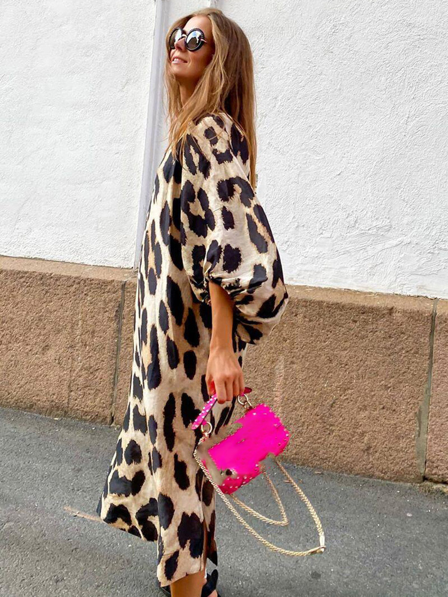 Mode Leopard Casual Kleid frauen Neue V-ausschnitt Laterne Hülse Elegante Büro Urlaub Sommer Weibliche Lose Kleider Robe Femme