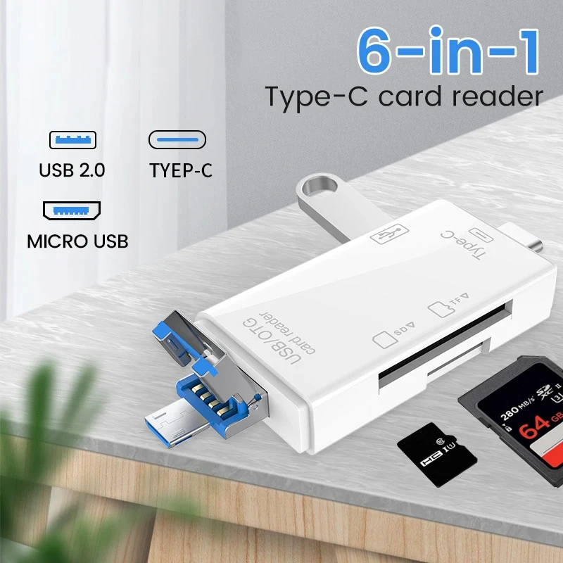 NNBILI OTG SD TF Tipo C Lettore di schede Micro SD Adattatore da tipo C a USB otg 6 in1 USB 2.0 Scheda TF Chiavetta USB Lettore di schede di tipo C