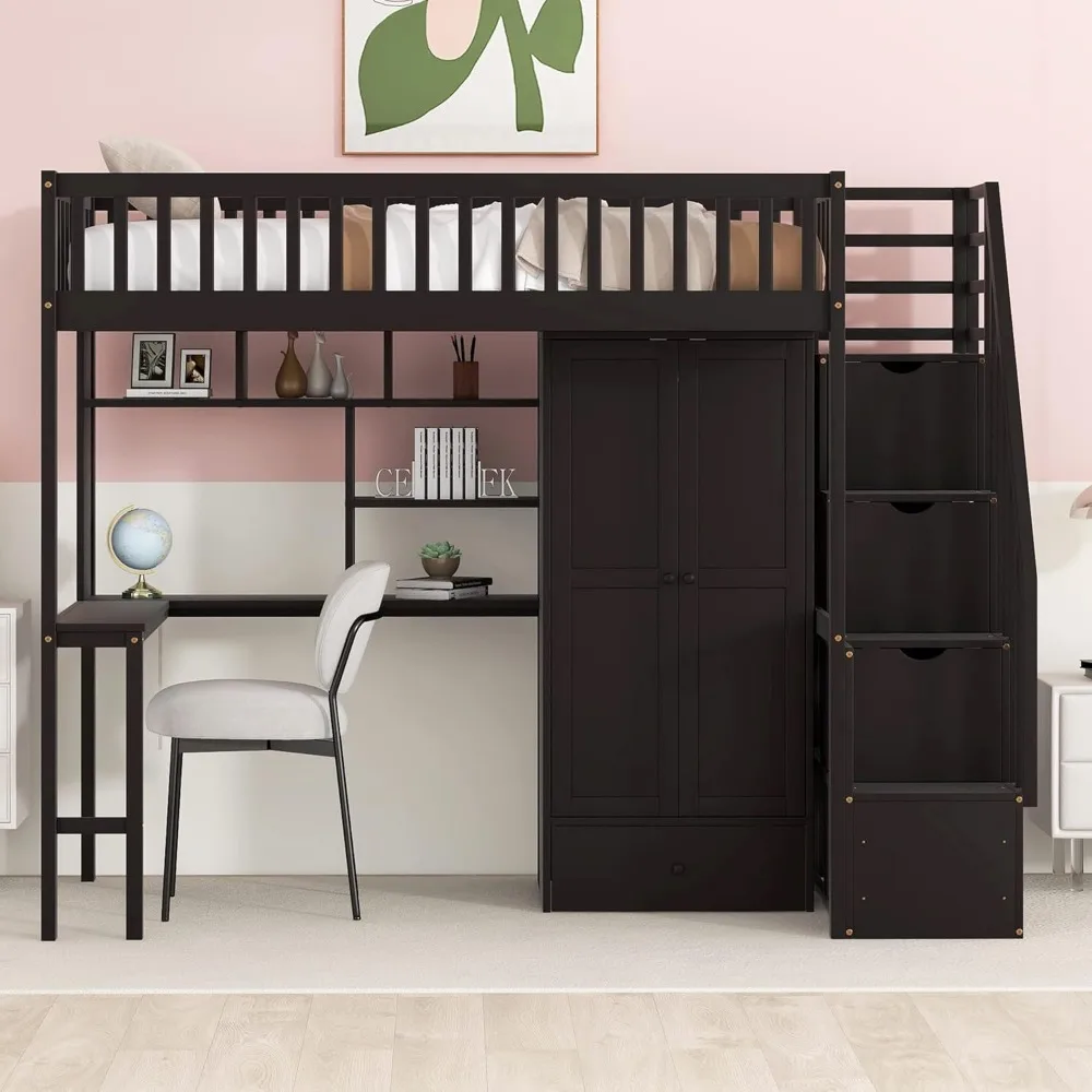 Twin Size Loft Bed with Bookshelf, Wardrobes and Storage Staircase, Multi-Function Solid Wood High Stairway Loft Bed Frame Kids