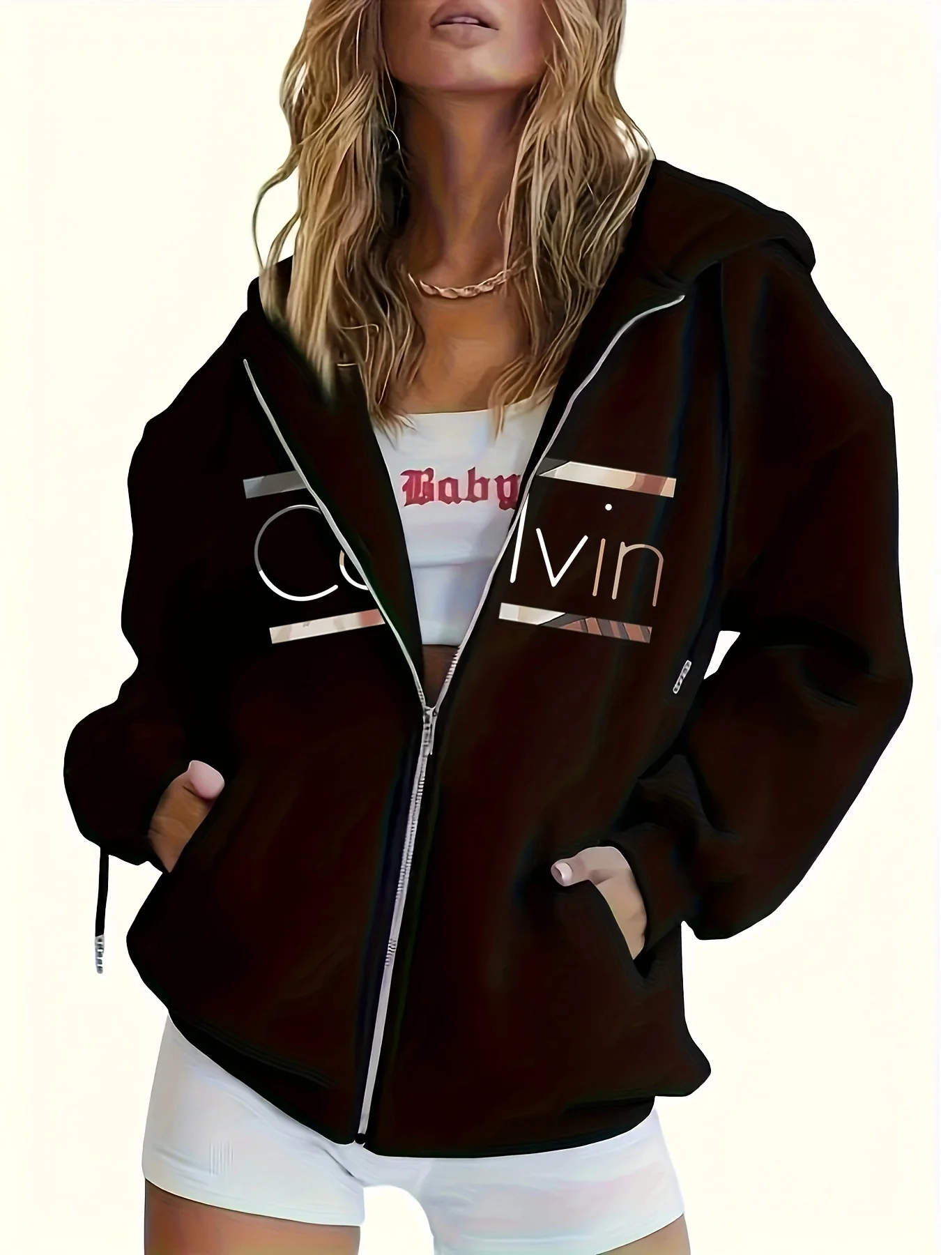 Moletom feminino com capuz – aconchegante marrom com zíper e estampa branca casual moletom de manga comprida design de ombro caído ajuste relaxado inverno W