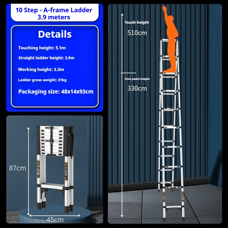 Escalera telescópica en zigzag de acero inoxidable, altura 1,5-3,9 m, escalera plegable, escalera de ingeniería de elevación, escalera doméstica portátil