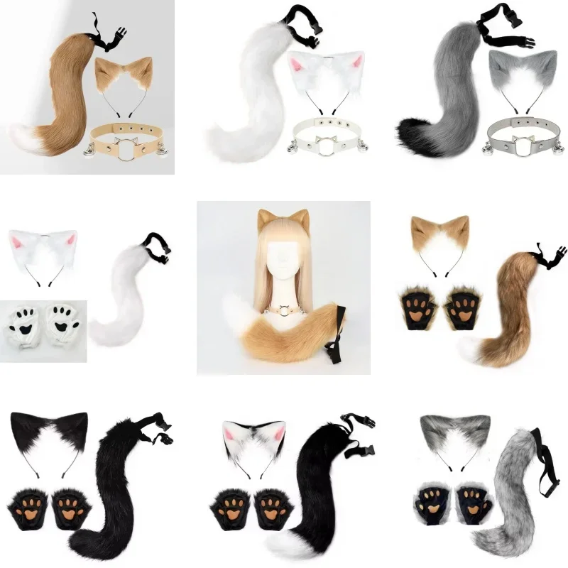Conjunto de orelhas de raposa com cauda de raposa, luvas fofas para cosplay, exposição de animação, festa de halloween, orelhas e cauda de animais, adereços de pelúcia