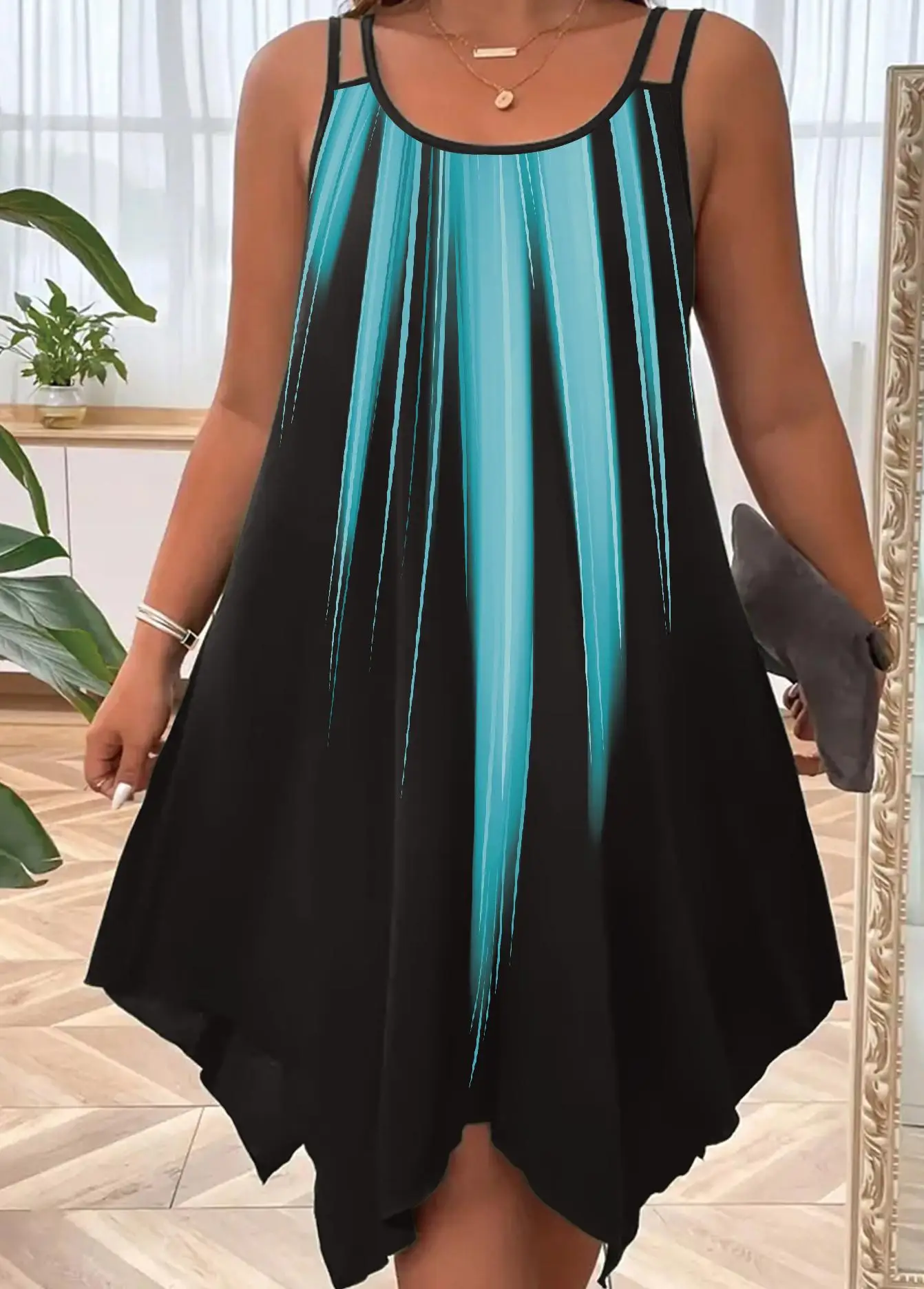 Modisches Damenkleid im Bohème-Stil mit doppeltem Träger und Farbverlaufsdruck in Übergröße