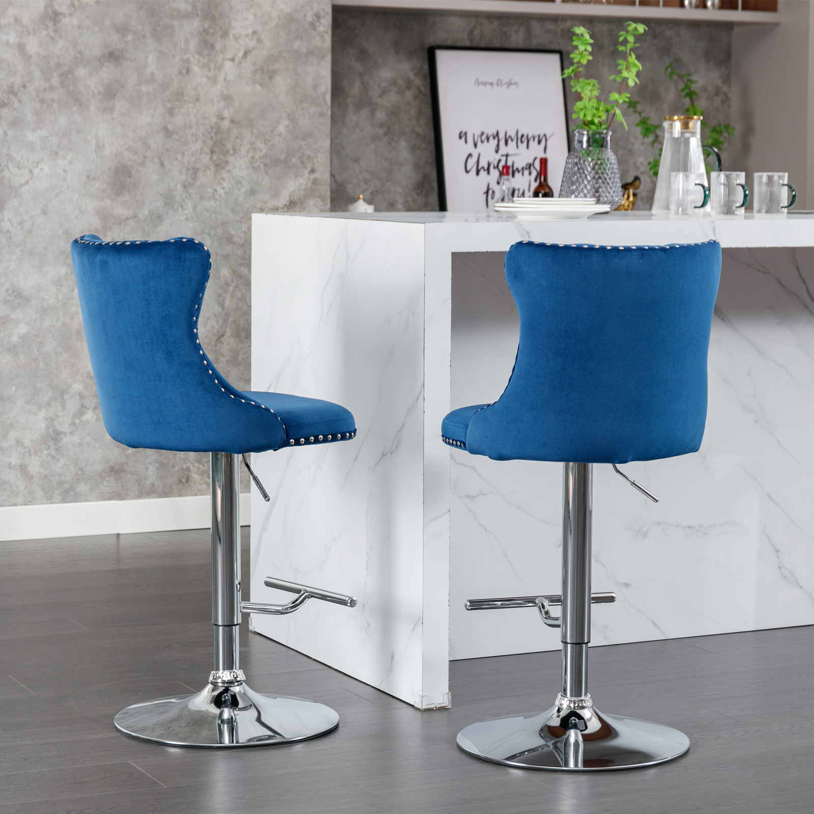 2PCS Swivel Velvet Bar Stools Counter Height Adjusatble Seat 360 ° Rotation Modern Soft Chairs for Home Kitchen Cafe Pub