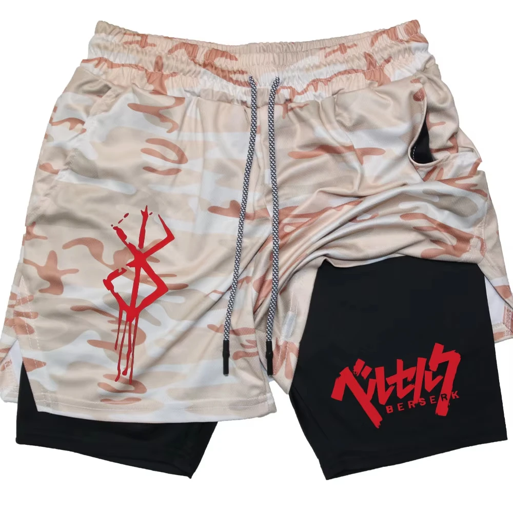 Anime Berserk Performance Shorts Herren 2-in-1 Lauf-Kompressionsshorts Training Yoga Gym Sportbekleidung Workout-Shorts mit Taschen