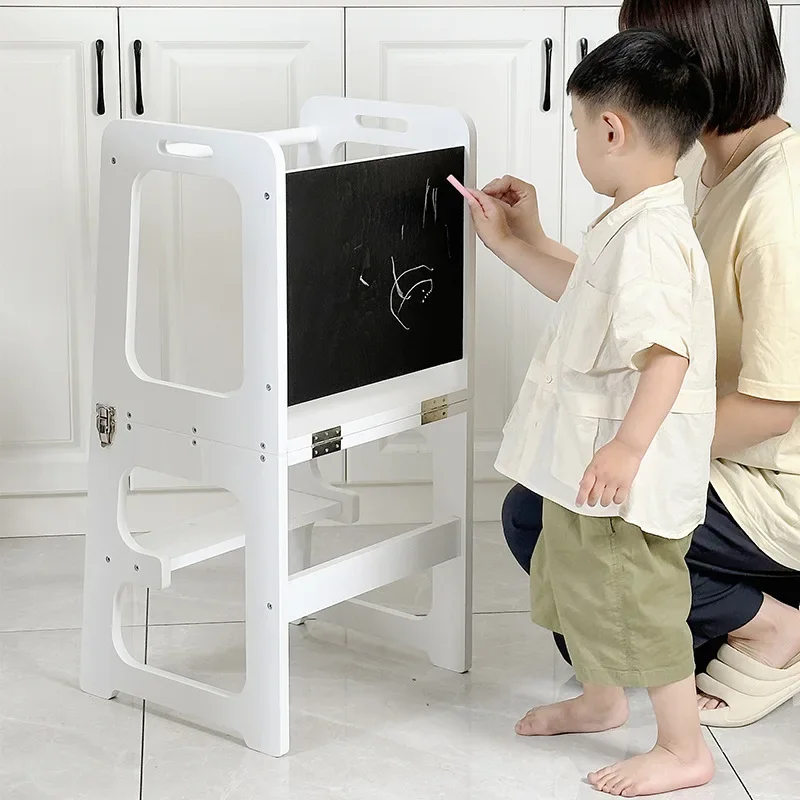 Kids Kitchen Step Stool With Safety Rail For Toddlers Wood Foldable Learning Tower With Blackboard