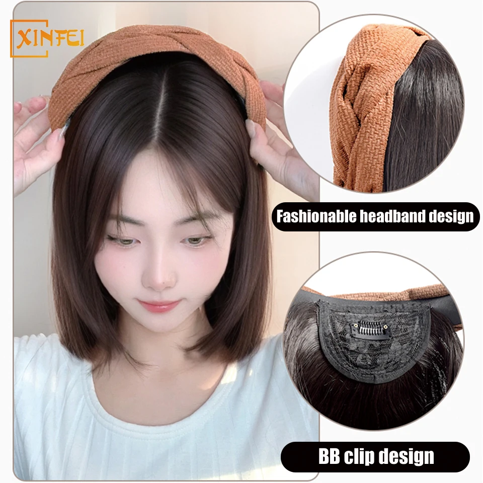 Perucas sintéticas com faixa de cabelo para mulheres, estilo curto, extensão do cabelo, cabelos macios, naturais, aumentar, 1 pc