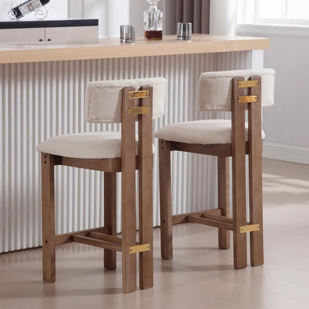 26” Counter Stools Set of 2 Counter Height Bar Stools with Back and Solid Wood Legs Modern Farmhouse Linen Upholstered Kitchen B