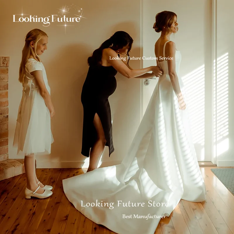 Abito da sposa classico lungo bianco A-Line Colletto quadrato Cinghie per spaghetti Piega formale Vintage Backless Alto limo Crescido Personalizzato