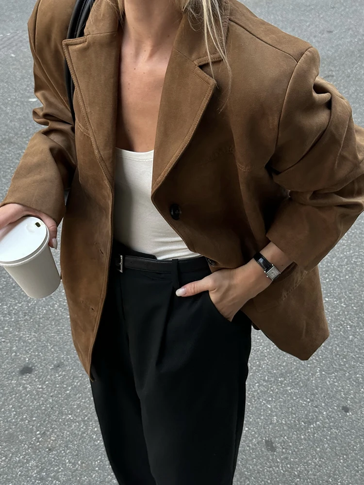 ヴィンテージ女性ルーススエードジャケット 2024 ファッションレディースオーバーサイズブラウンフェイクレザー衣装女性ハイストリートシックな服かわいい