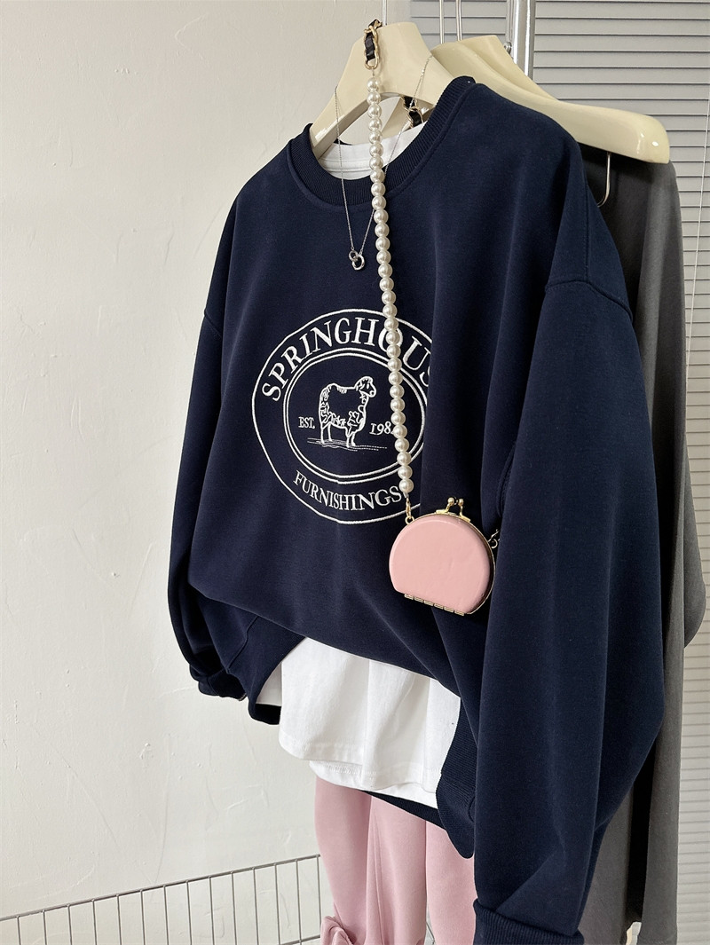 Spring 2024 Chic Embroidered Letter eep Loose Women's Sweatirt Korean Sle round Ne Long Sve Cotton Polyester Blend