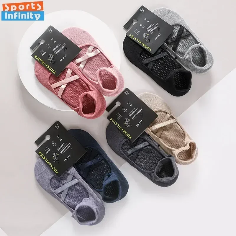 2 pares de calcetines de Yoga transpirables absorbentes del sudor de algodón calcetines antideslizantes de silicona para mujer Pilates Ballet Fitness conjunto de calcetines deportivos
