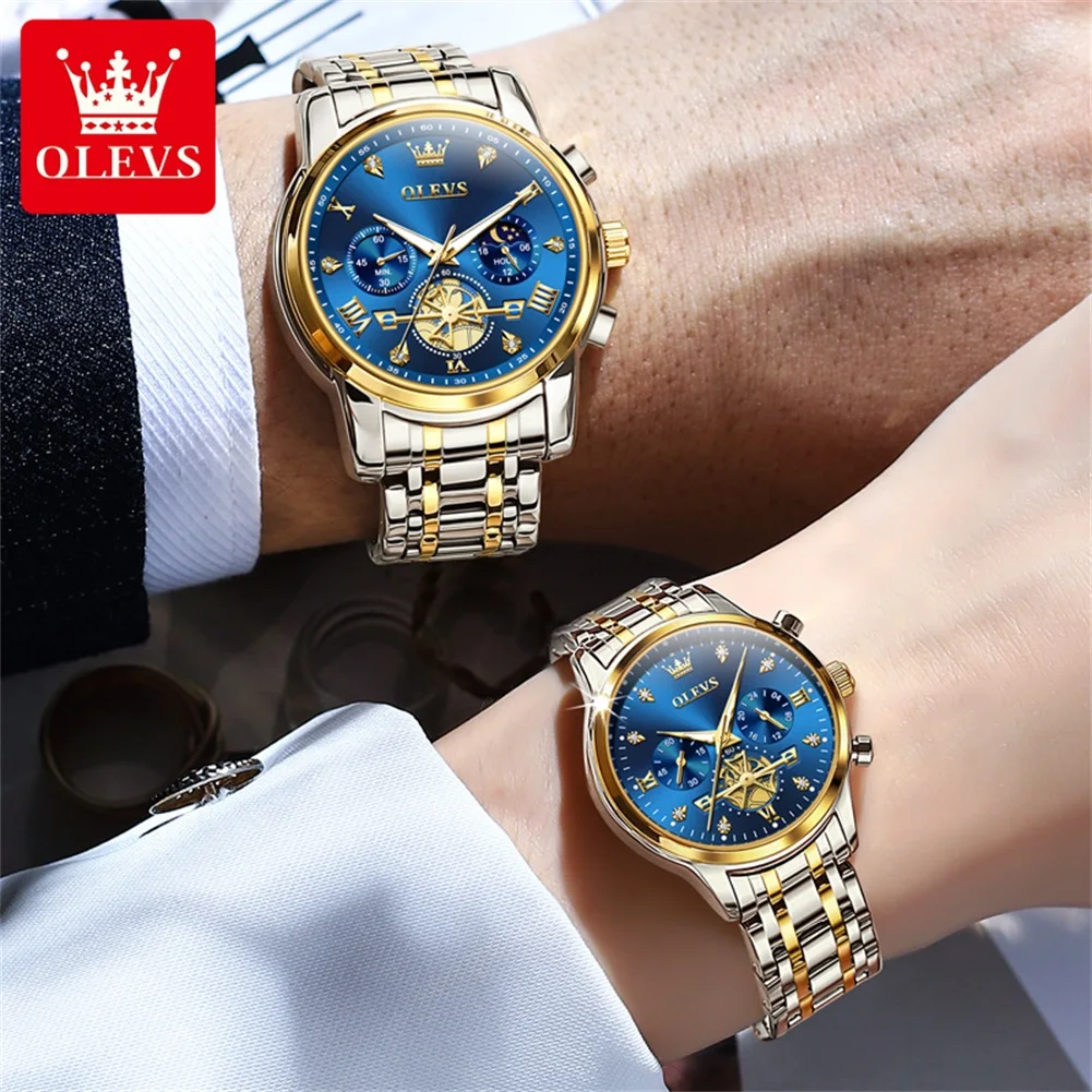 OLEVS นาฬิกาคู่เทรนด์แฟชั่นนาฬิกาข้อมือต้นฉบับคนรักที่สวยงามกล่องของเขาและนาฬิกากันน้ําส่องสว่างข้างขึ้นข้างแรม
