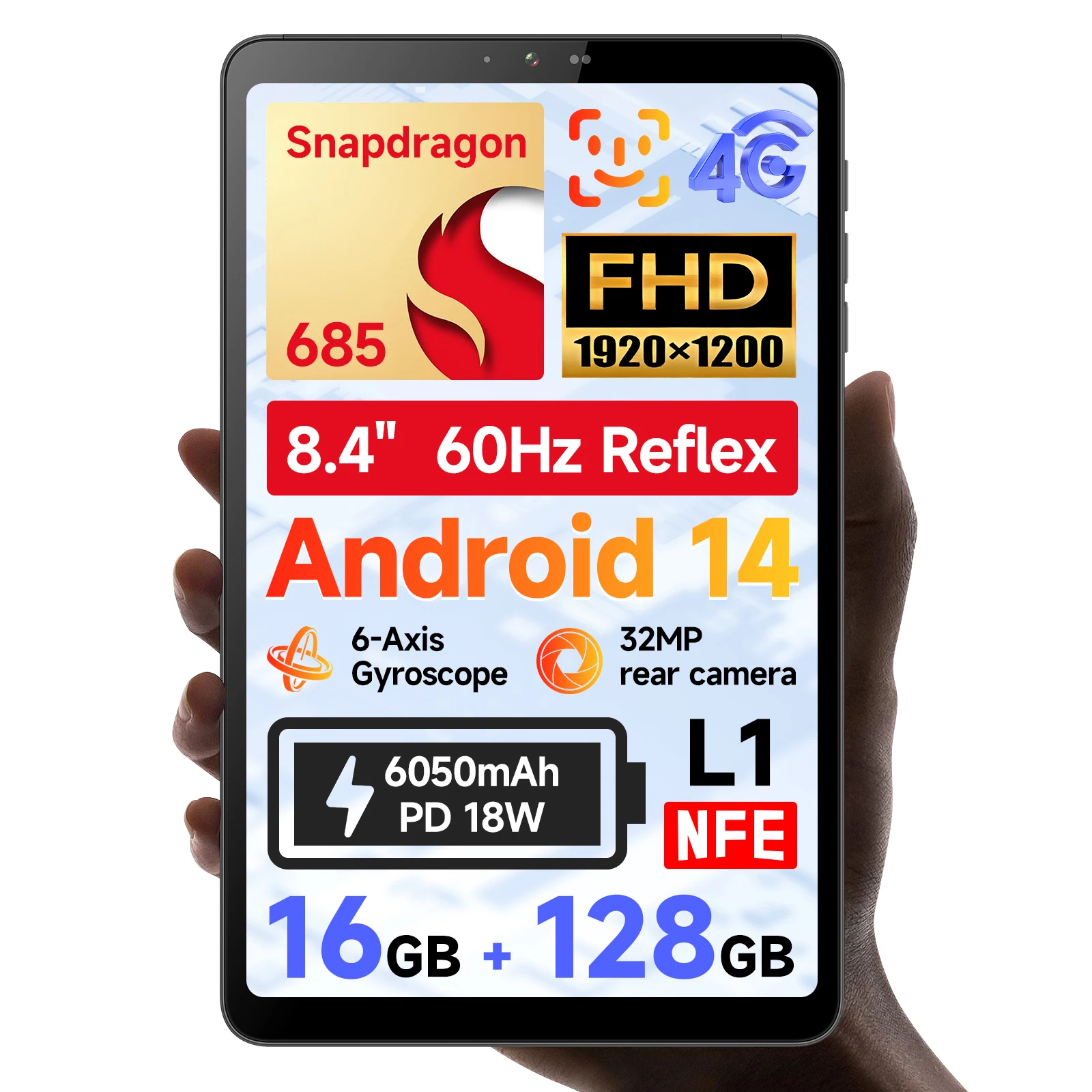 BNCF BPad Mini 8,4-дюймовый планшет Snapdragon SMD685 Android14 (8+8) ГБ ОЗУ+128 ГБ ПЗУ 6050 мАч Аккумулятор 4G LTE Widevine L1 2K IPS Tab