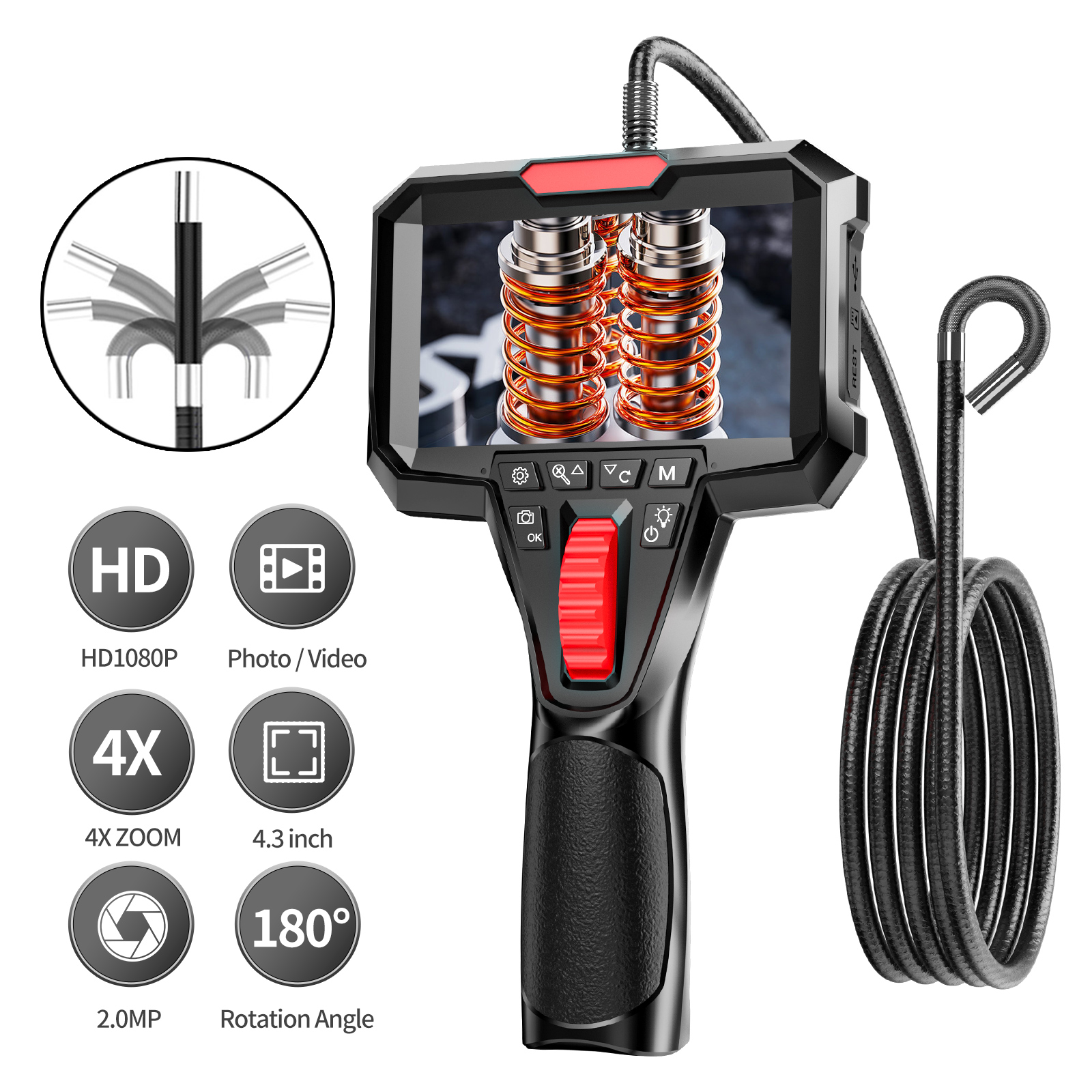 Boroscopio de articulación bidireccional, cámara endoscópica orientable HD de 1080P y 6,2 MM con Monitor LCD de 4,3 pulgadas para cámara con orificio de motor de pared