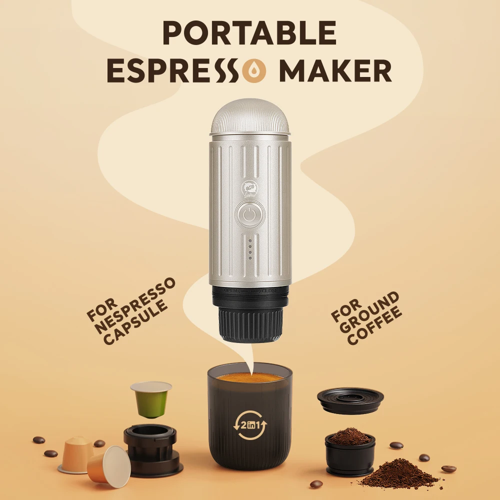 Cafetera Espresso portátil, cafetera eléctrica de 19bar, calefacción automática, compatible con cápsulas nespresso, café molido