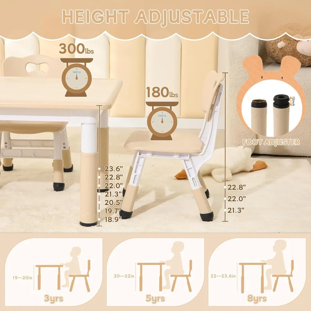 Height-Adjustable Kids Table and Chairs, Toddler Table and 4 Chairs Set with Anti-Slip Foot Covers, Children Activity Table