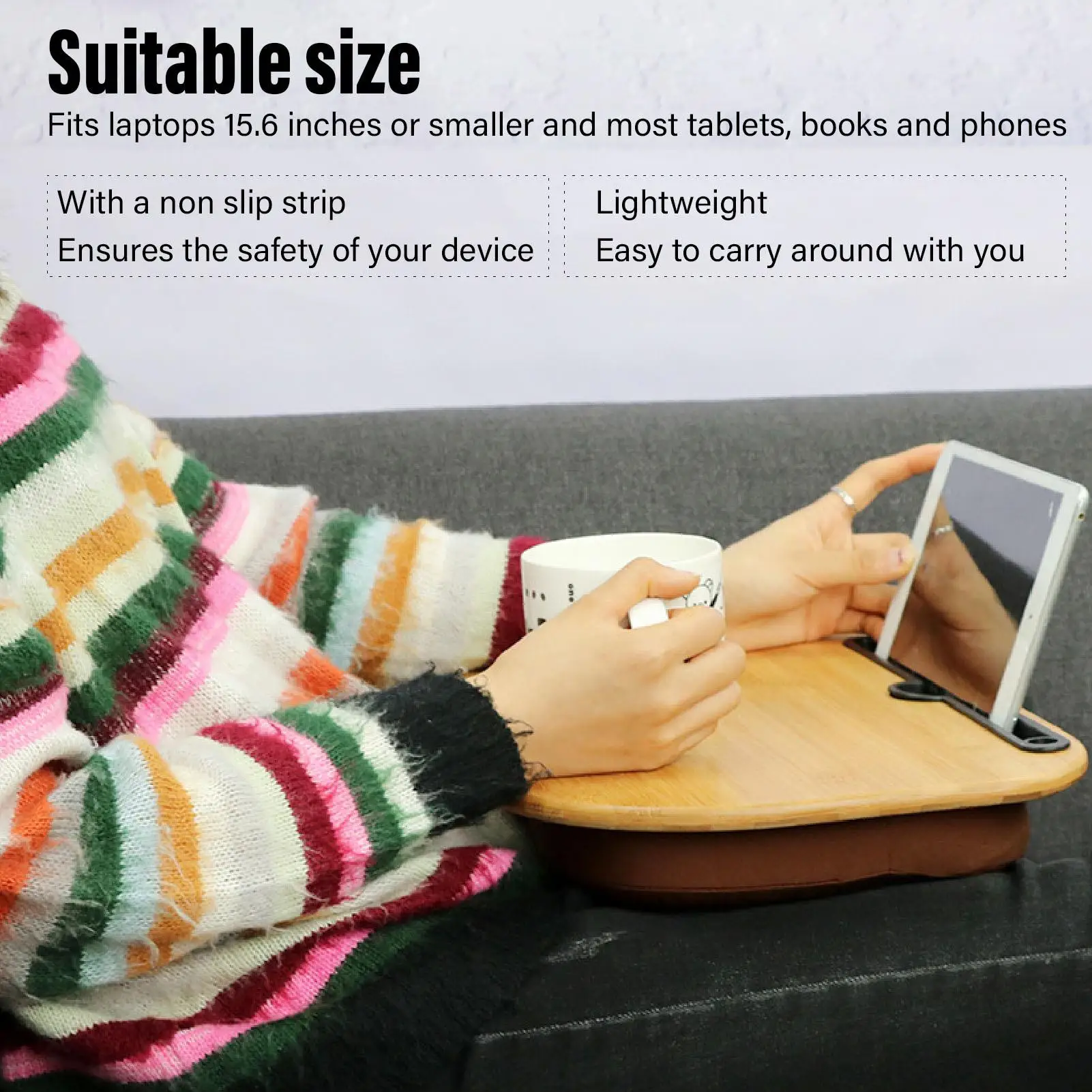 Portable Bamboo Laptop Desk for Up to 15.6 Inch Laptops - Cushioned Lap Tray for Comfortable for working