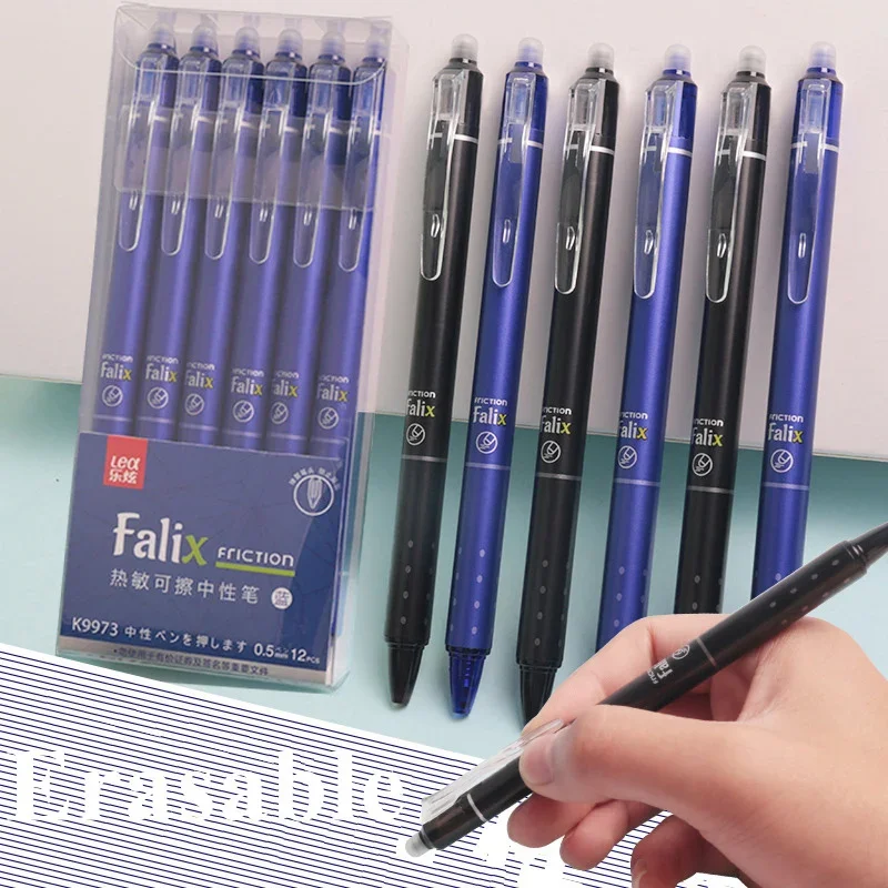 Conjunto de canetas de gel apagáveis retráteis de 0,5 mm com recargas de tinta gel preta e azul borracha embutida material de escritório kit de papelaria para exame