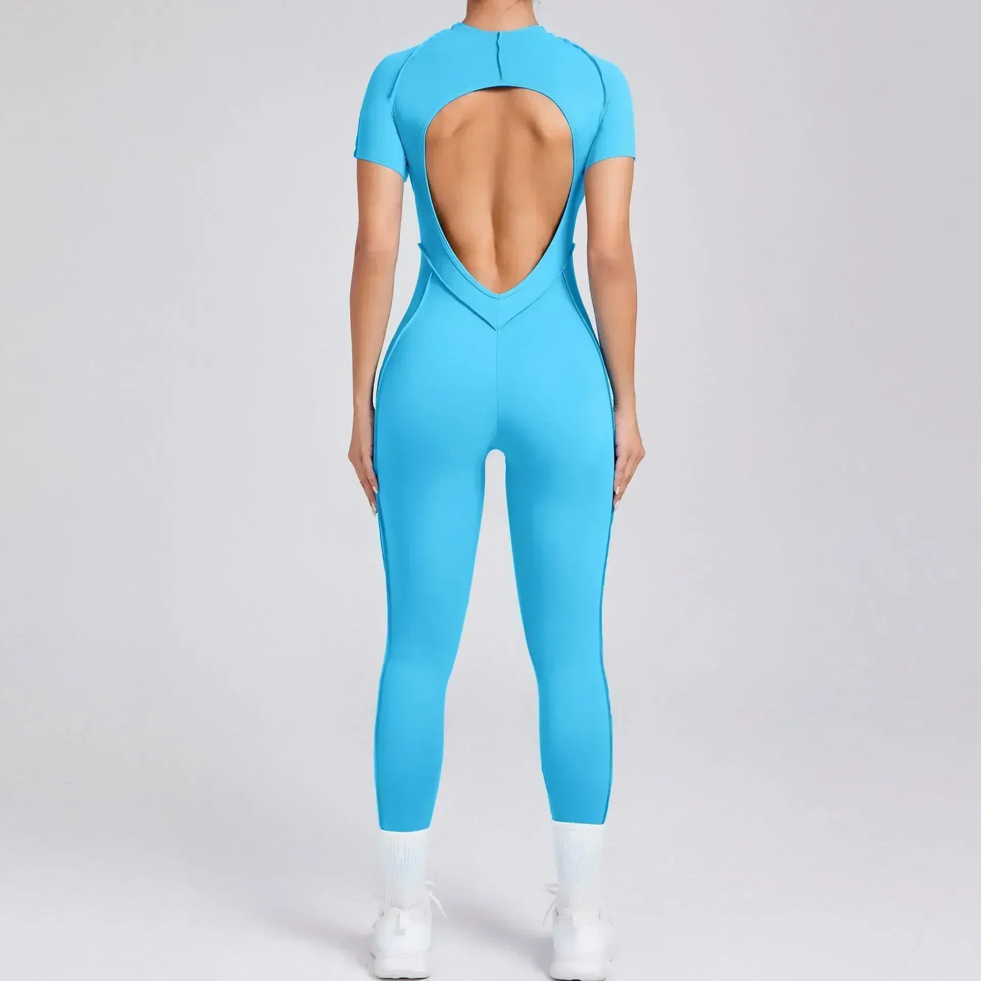 Monos de Yoga sin costuras para mujer, mallas deportivas para Fitness, levantamiento de cadera, Espalda descubierta, manga corta, entrenamiento de una pieza, chándales para gimnasio